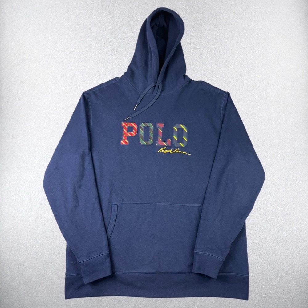 Polo Ralph Lauren Hoodie Mens XLT Tall Navy Blue Plaid Logo Fleece Sweatshirt